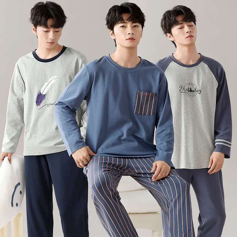 

2024 Autumn Spring 100% Cotton Long Sleeve Pajama Sets for Men Korean Loose Sleepwear Suit Pyjama Male Homewear Home Clothes