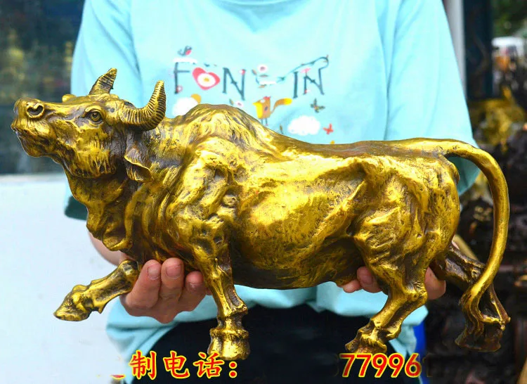 33CM large # TOP HOME SHOP Company FENG SHUI business GIFT Money Drawing GOOD LUCK Bull Taurus bullfight Mascot Brass Sculpture