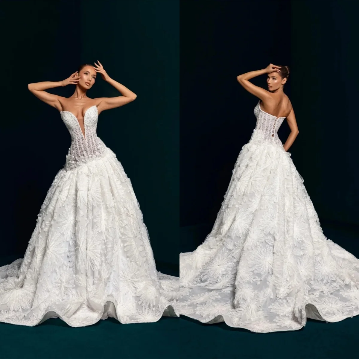 

Великолепные свадебные платья с жемчугом и бисером, свадебные платья без бретелек, трапециевидной формы принцессы с открытой спиной, индивидуальные платья Vestidos De Novia