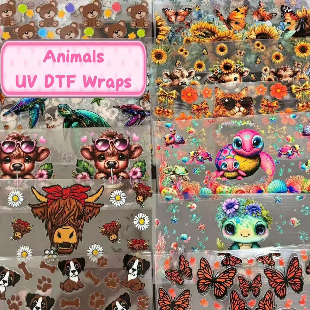 10PCS Cows Pigs Ducks Chickens Random UV DTF 16oz Easy Peel Waterproof Transfers UVDTF Stickers 16oz UV DTF Tumbler Cup Wraps