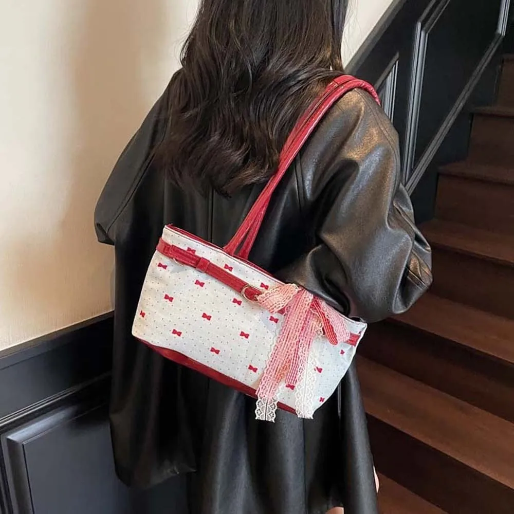 

Shoulder Bag Sweet French Tote Bag Contrast Color Lace Ribbon Bow PU Handbag Korean Style Large Capacity Underarm Bags Girls