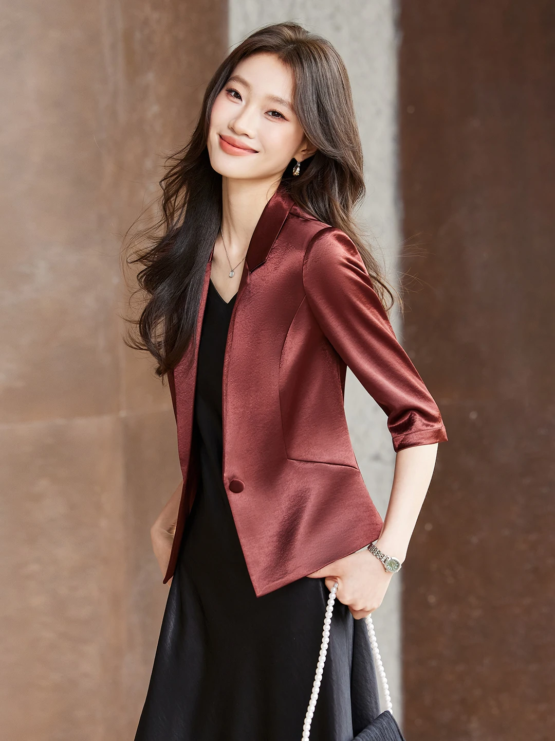 Wine Red Color Women's Suit Jacket And Dress Two-Piece Set Spring Fashionable Stylish Seven-Sleeve Suiting Ensemble
