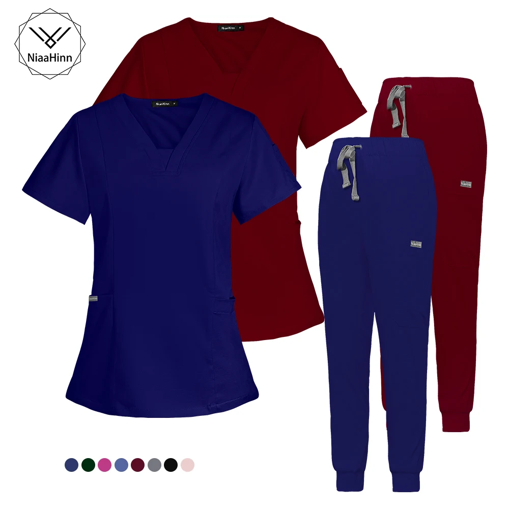 Scrubs Uniform High Quality Elastic Nursing Clothes Pet Grooming Dental Healthcare Scrubs Set V-neck Top Trousers Sets Wholesale