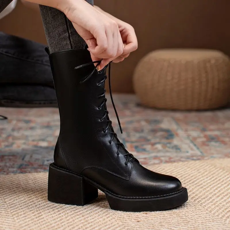 With Laces Mid Calf Shoes Woman Lace-up Black Half High Boots for Women Middle Heel Platform Round Toe Y2k Spring Autumn Work Pu