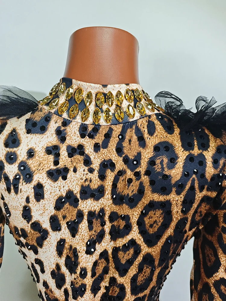 ليوبارد طباعة الأسود الراين ارتداءها طويلة الأكمام مثير Showgirls فريق المرحلة زي ملهى ليلي GOGO ملابس الرقص عيد ميلاد DJ #4
