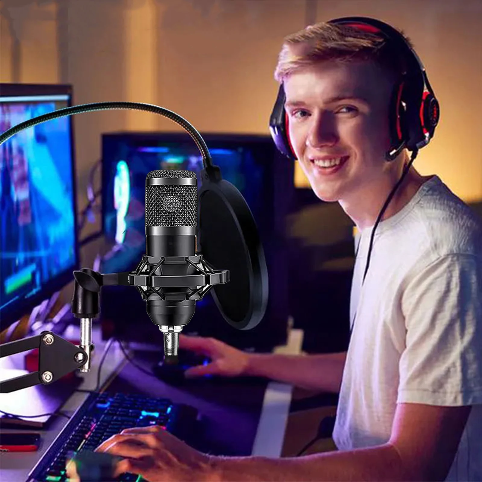 

Универсальный комплект подвесного конденсаторного микрофона с аудиомикшером и модулем изменения голоса, включая микрофон BM800, для подкастинга и игр