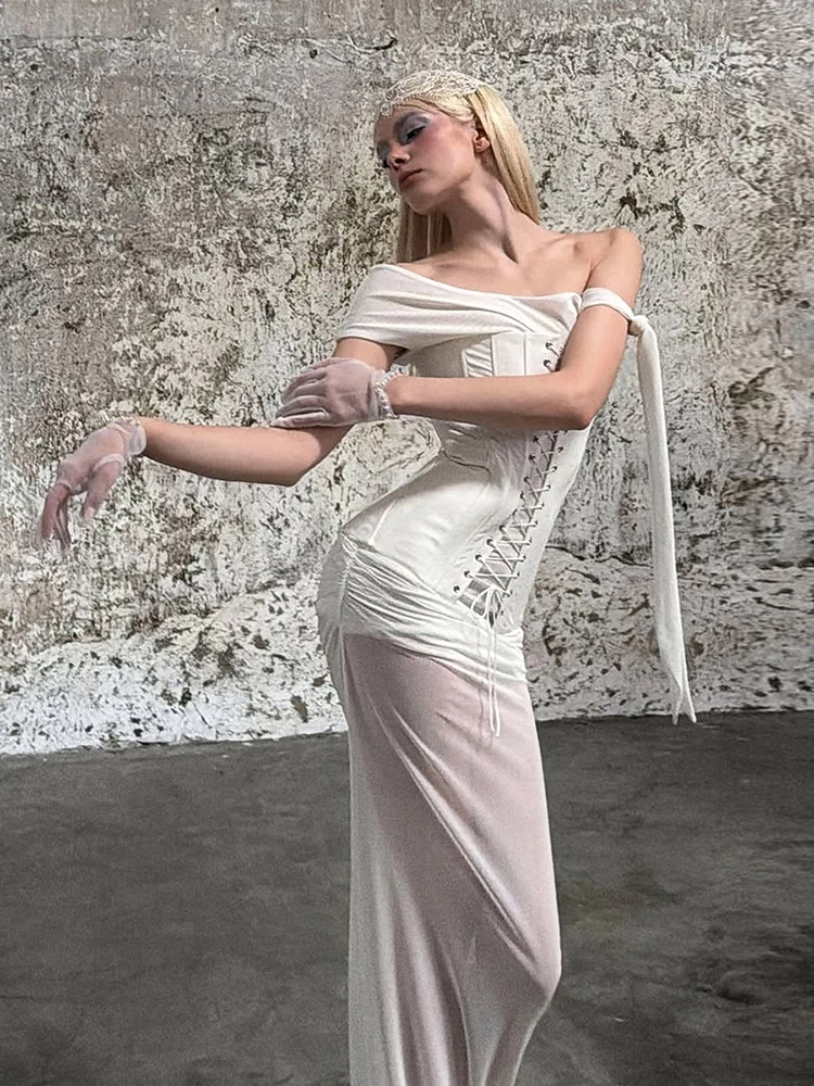 

Kliou сексуальный модный комплект из 2 предметов, женские топы с открытыми плечами и гофрированным дизайном + сетчатая прозрачная длинная юбка с эластичной резинкой на талии, элегантные наряды