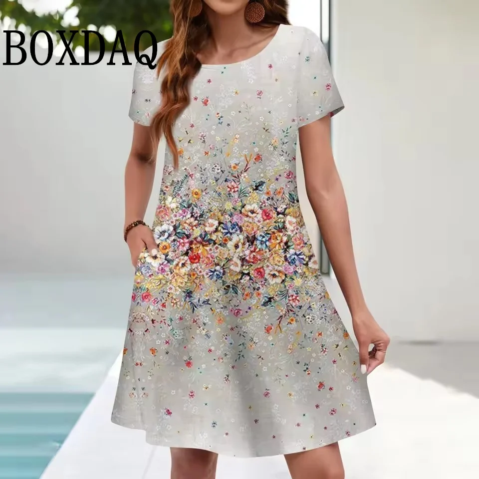 Women's Casual Floral Printed Summer Bohemian Beach Dress Pockets Loose Dress Plus Size Dresses For Short Sleeve Women's Dresses