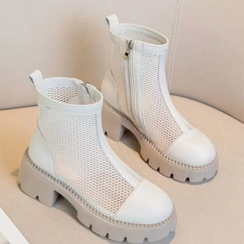

Women's Block Heel Mesh Cool Boots Spring Summer New Round Toe Thick Sole Breathable Lightweight Zippers High Heel Ankle Boots