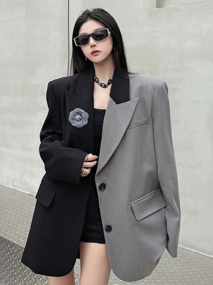 YERMORA Color-block Flower Big Size Blazer For Women Lapel Long Sleeve Loose New Jacket Fashion Tide Spring Autumn 2025 A786