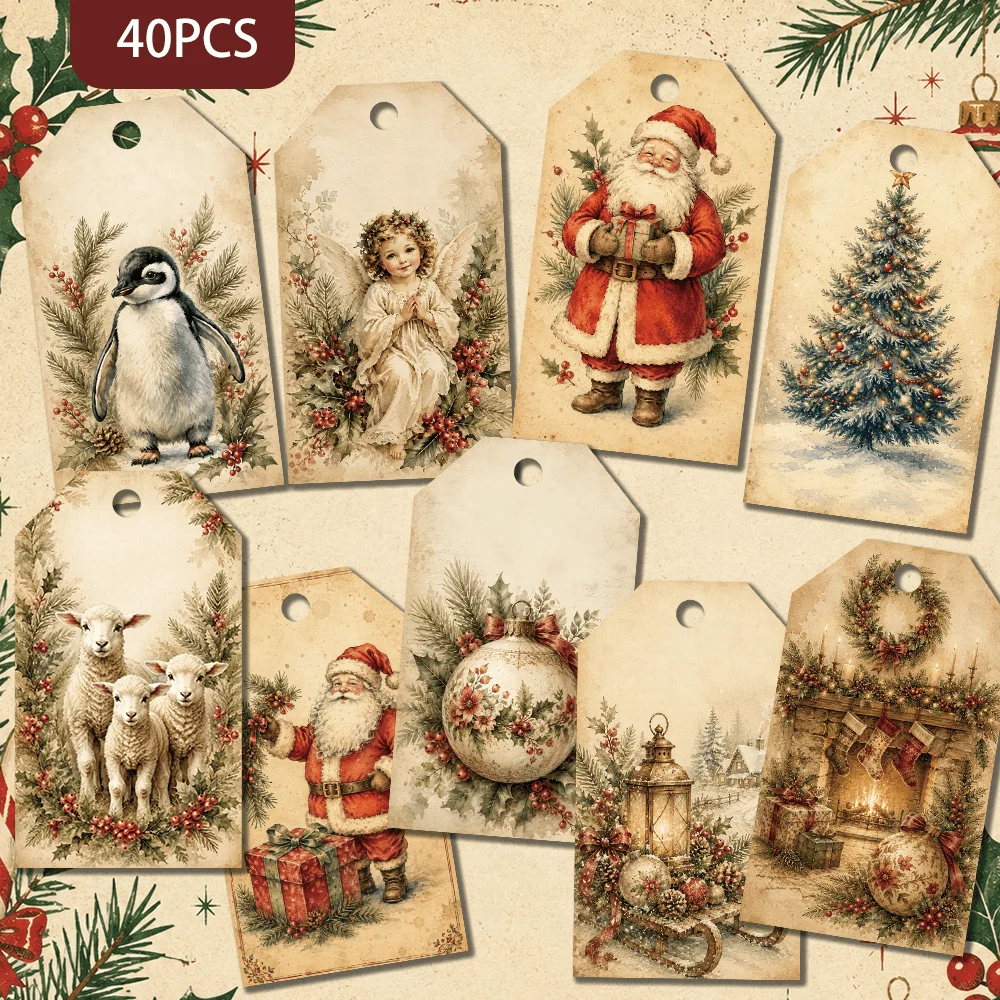 40pcs, Vintage Watercolor Christmas Decorative Tags,Holiday Gift Labels,Party Decorations, Handmade Packaging Accents, Jute Rope