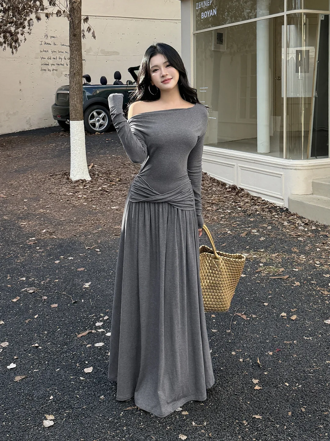 

Повседневное серое платье с длинными рукавами в минималистском стиле, драпированная юбка трапециевидной формы на одно плечо с талией, новая осенняя женская модная одежда