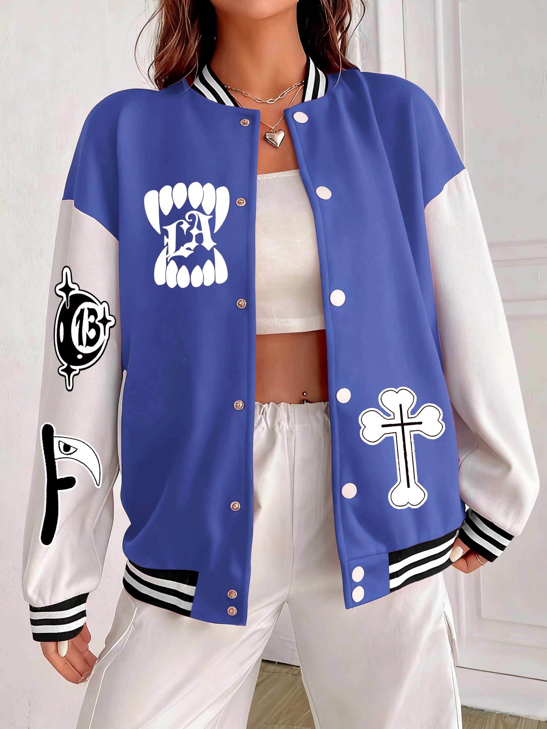 

Usa Growing Mouth And 13 Printed Women Jacket Colorful Cotton Clothes Pocket Loose Baseball Uniform Autumn Hip Hop Streetwear