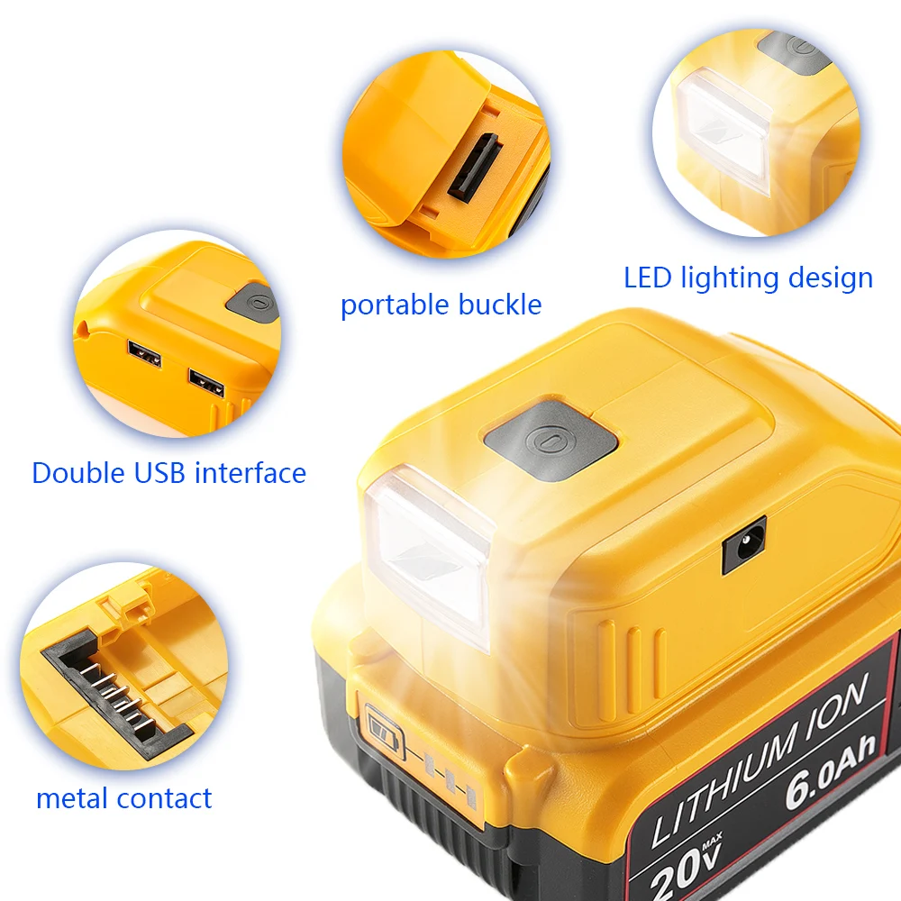 Power Supply Converter for Dewalt, Replacement, DCB090, 20V Max 18V Battery Adapter with Dual USB, DC 12V, LED Work Light