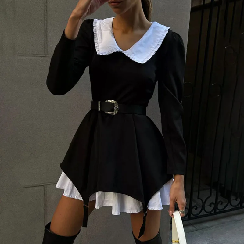 

New Elegant Peter Pan Collar Long Sleeve A-line Dress Fashion Color Blocked Waist Party Dress Casual Design Fake Two Piece Dress