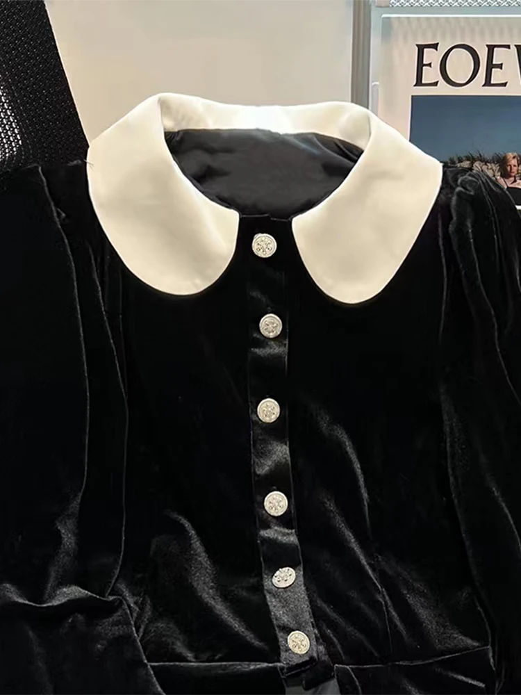 Camisas e blusas de veludo preto feminino vintage y2k coreano 2000s elegante manga longa peter pan colarinho camisa roupas 2024 outono