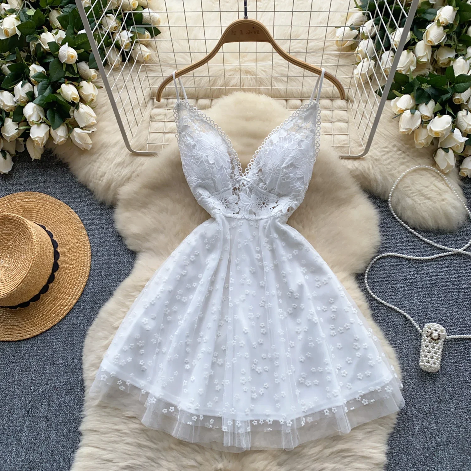 Elegant Sweet Backless Lace Patchwork Embroidery High Waist Slip Dress Korean Fashion Fairy A-line Vestidos Women Beach Dresses