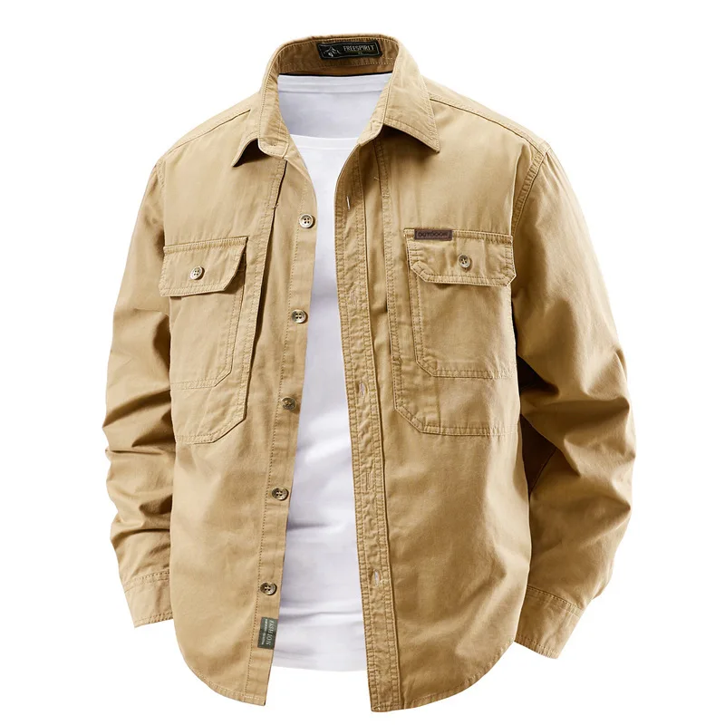 New Spring Men Long Sleeved Multi Pockets Cargo Shirts Quality Man Cotton Outdoor Loose Tooling Shirts Male Casual Shirts 4XL