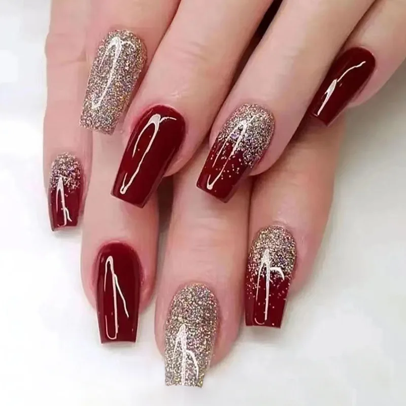 

24pcs Glitter French Press-On Nails - Wine Red & Gold Tips Long Square Shape (Multi Sizes) False Nail For Women Girl