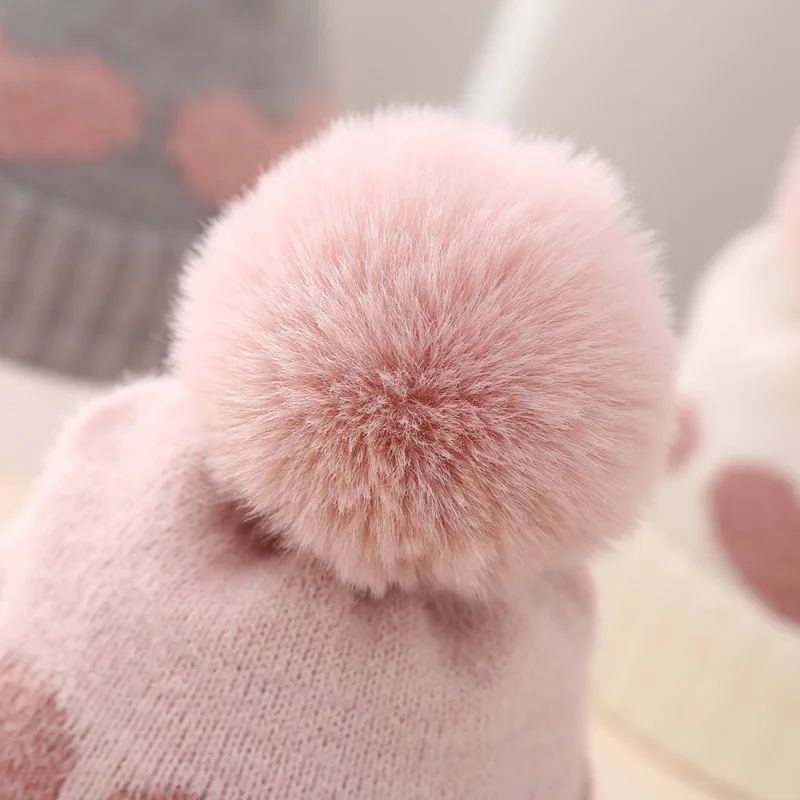 Fuax Fur Pompom Baby Hat Heart Printed Knitting Autumn Winter Newborn Infant Beanie Cap Toddler Warm Crochet Girls Boys Hats