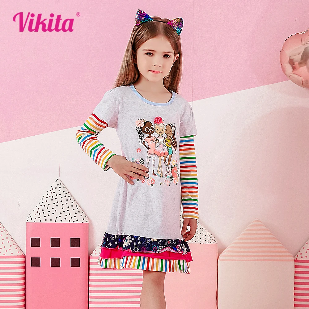 

VIKITA Children Clothing Girls Cotton Casual Autumn Spring Long Dress Kids Doll Print Rainbow Striped Princess Party Frocks