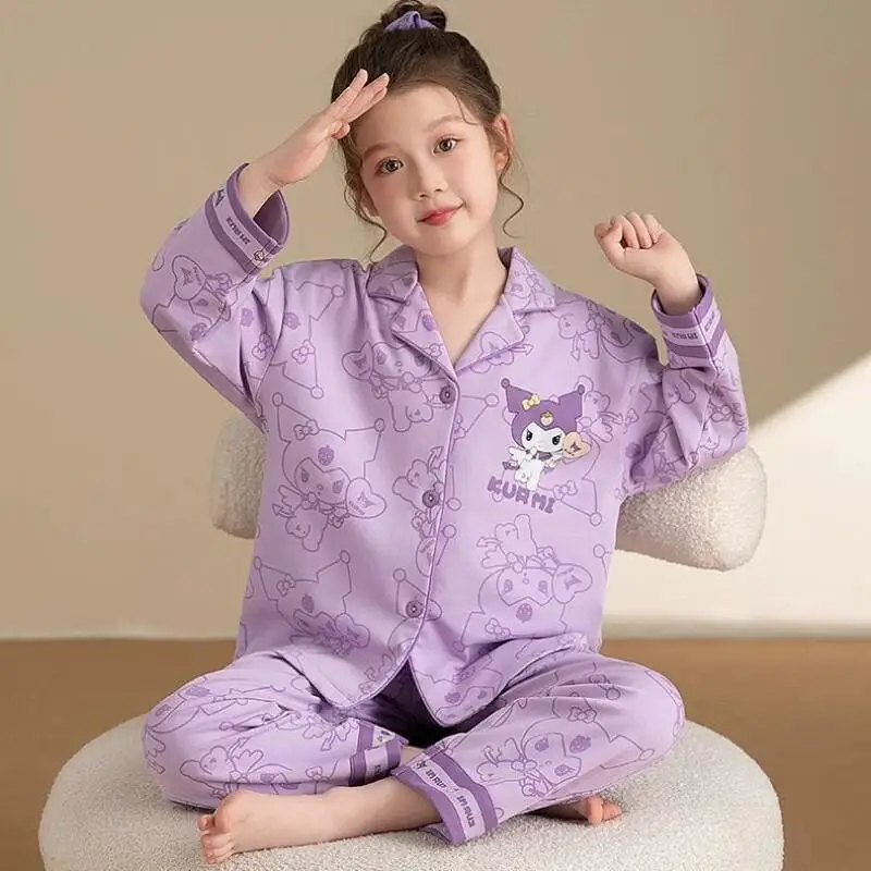 

Пижамы Sanrio Kuromi Hello Kitty My Melody Cinnamoroll Pochacco для девочек на весну и зиму, домашняя одежда, ночная одежда, детская одежда для сна, комплект из двух предметов