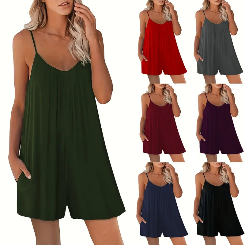 

Women Playsuits Short Sleeve Rompers Overalls Jumpsuits One Piece Shorts Solid Color Pockets Loose Casual Slight Strech