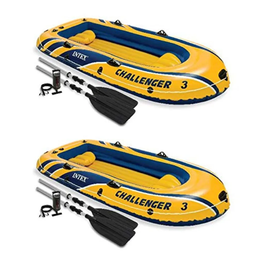 

Challenger 3 Inflatable Water Boat Sport Activity Set with 48 Inch Long Aluminum Oars and Air Pump for 3 Users 2 Pack