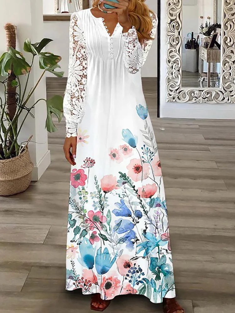 

Women Loungewear V-Neck Maxi Dress Lace Patchwork Long Sleeve Vintage Printing Ladies Party Dress 2023 Spring Summer Streetwear