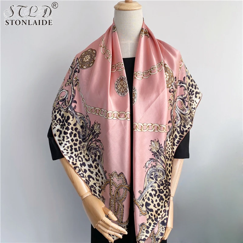 100% Real Silk Scarf Women Leopard Pattern Chain Luxury Brand Ladies Neck Tie Wrist Wrap Ladies Neckerchief Shawl Bandana 2023