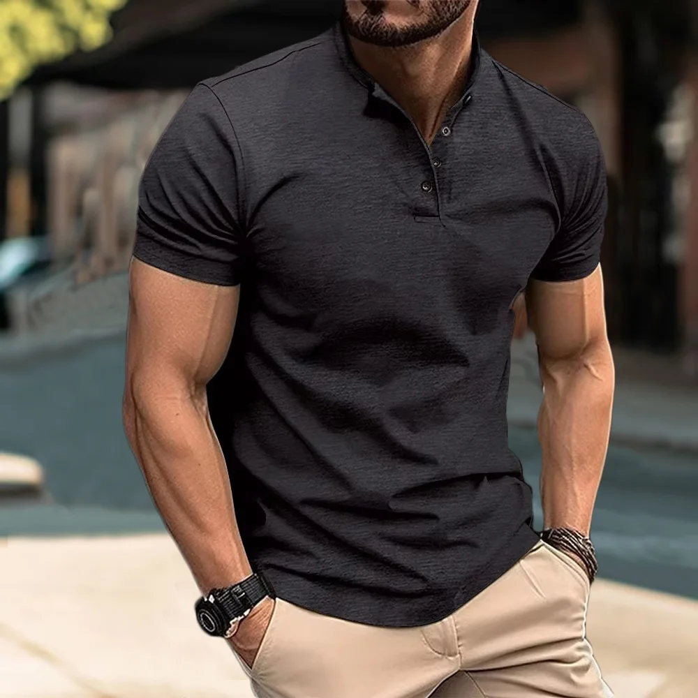 Men\'s Henry Collar Cotton Short Sleeve T-shirt Casual Solid PoIo Shirt Male Cozy Tees Slim Fit Dailywear Button Up Basic Tops