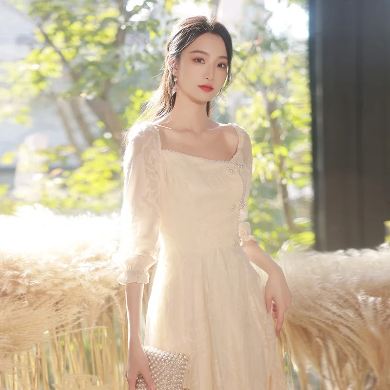 Champagne Bridesmaid Dress Long Sleeve New Spring High Sense Niche Group Women Daily Style