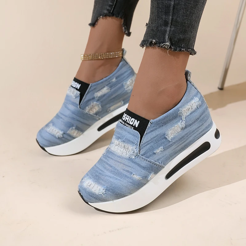 Sneakers Women\'s Vulcanized Shoes 2023 Trend Platfrom Wedges Running Casual Denim Comfortable Fashion Girls Beggar\'s Clothing