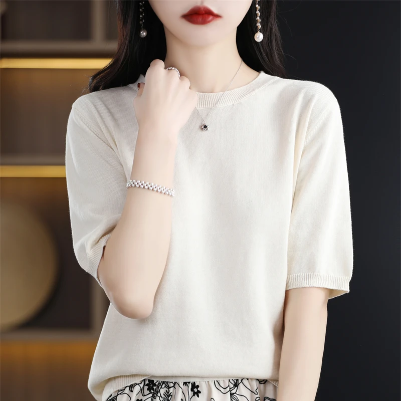 Summer 100% Cotton Knitted Short-Sleeved T-shirt Women\'s Round Neck Loose Semi-Sleeve T-shirt Top