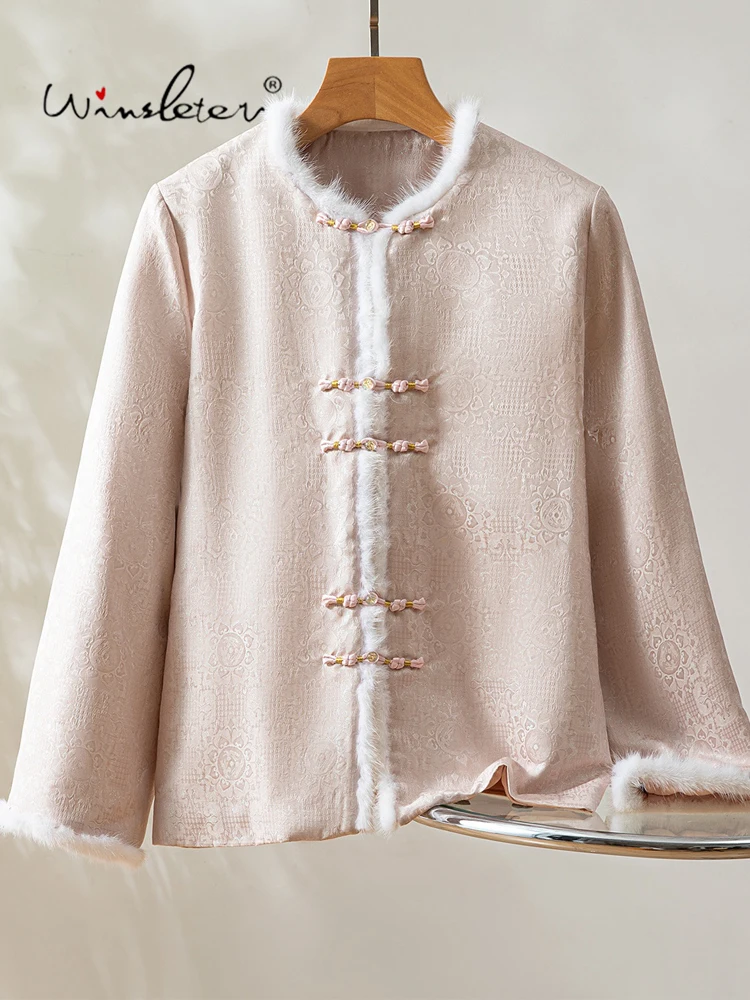 

Winsleter-30%Silk 70%Wool Elegant Coat, Mink Fur Patchwork, Women Jacquard Retro Versatile Loose Coat, 2025 Winter New C5D305CC