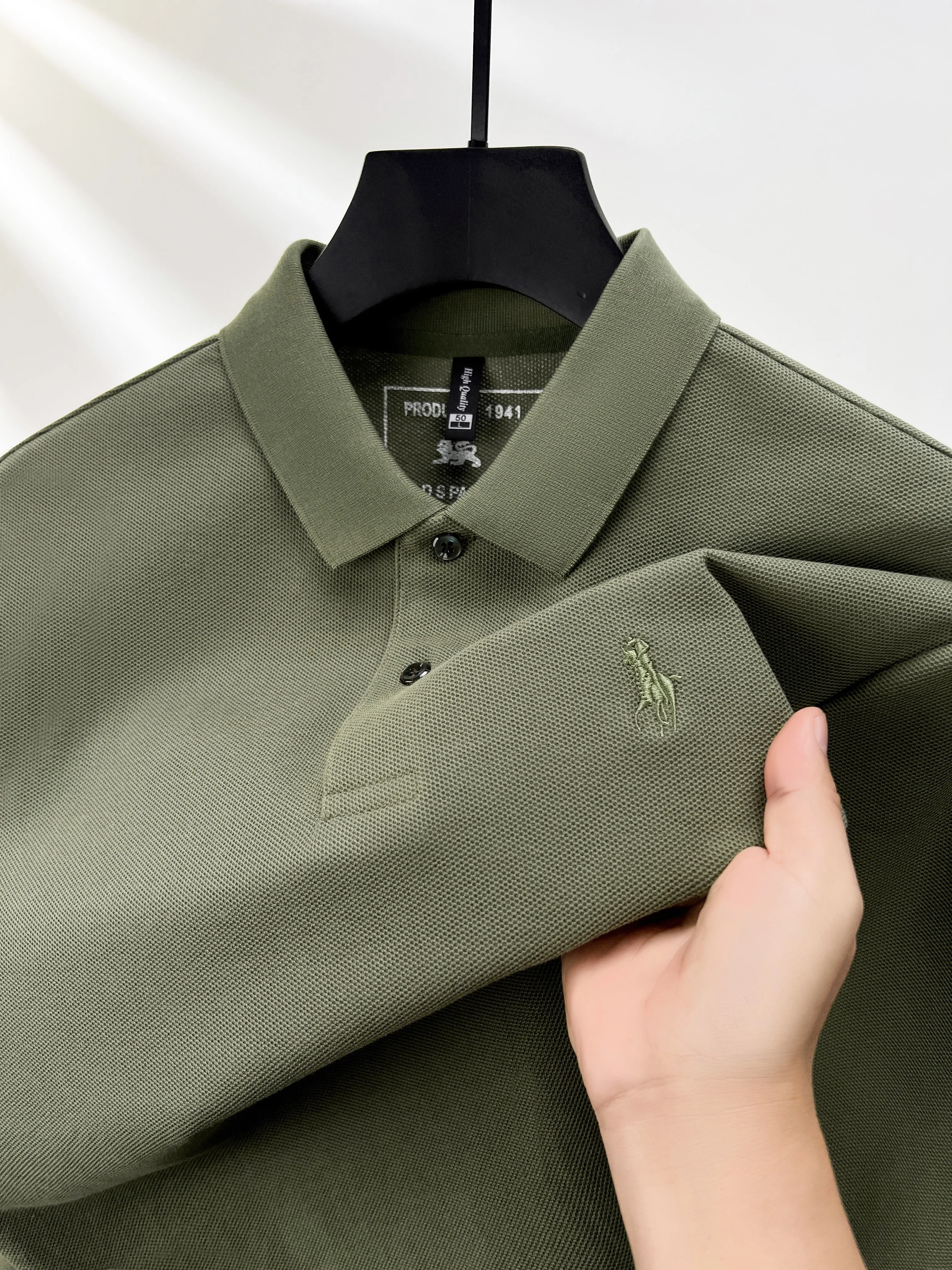 100% pure cotton long sleeved men's polo shirt autumn new item custom pony embroidery Korean version golf soft casual T-shirt