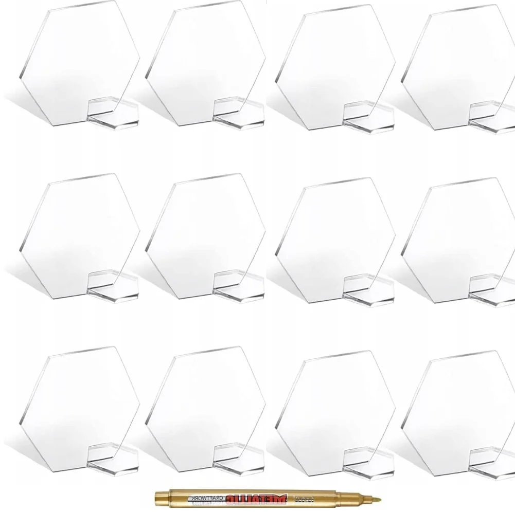 Zeshoekige acrylplaten voor bruiloftstafel 25 stuks + gouden marker, transparante zichtbare viscellen DIY tafelnummers onderzetters