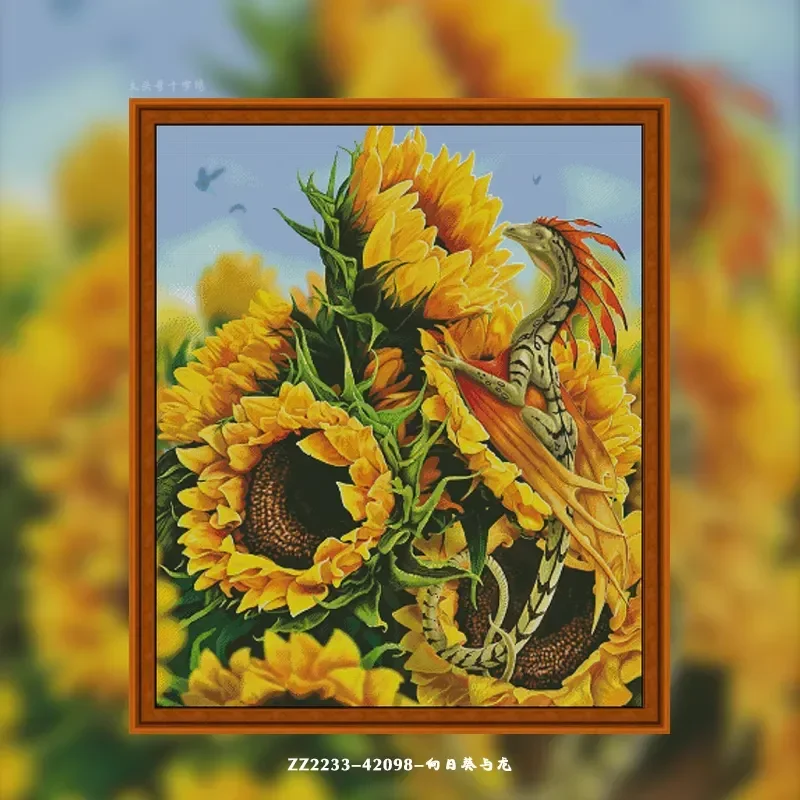 [ZZ2233-42098-Sunflower and Dragon] Stamped Cross Stitch Kit 14CT 16CT Pre Printed Canvas Cotton Floss DIY Embroidery Wall Decor