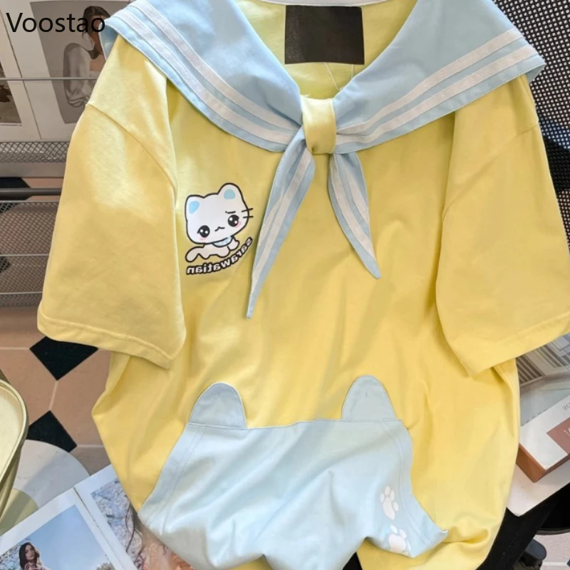 اليابانية Kawaii لوليتا نمط تي شيرت المرأة الحلو الكرتون القط طباعة بحار طوق بلوزات فضفاضة الصيف الفتيات Y2k جماليات تيز