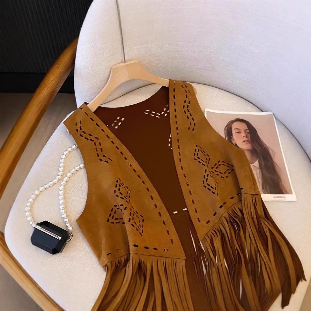 Women's Tassel Cardigan Jacket Suede Hollow Prairie Western Denim Small Vest for Yunnan Vacation