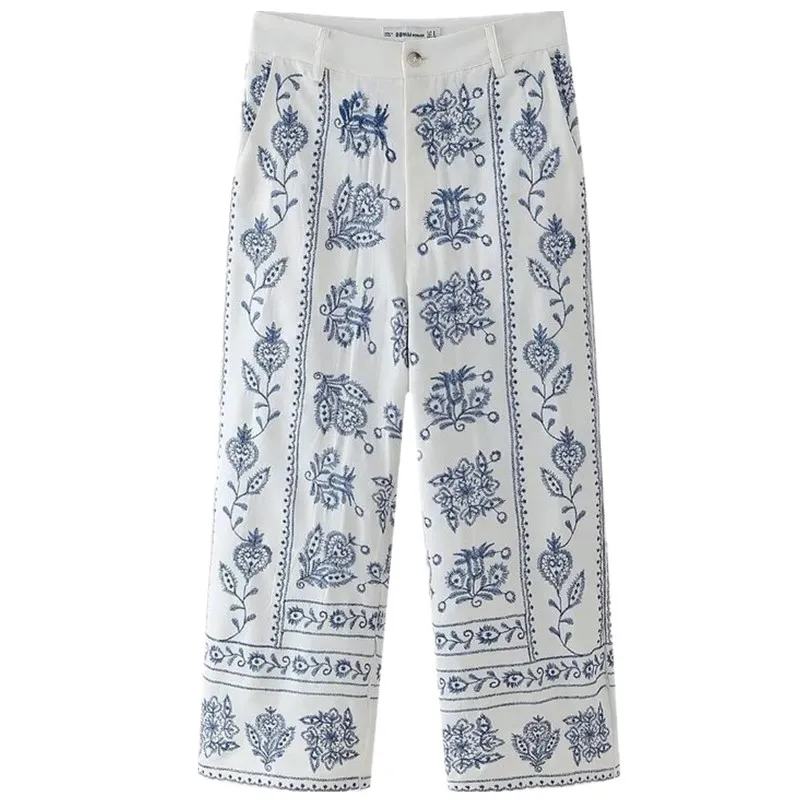 Calças Casuais Fenas de Cintura Alta com Pernas Largas e Estampa Flordada, Nova Chegada Versátil para Moda Fena...