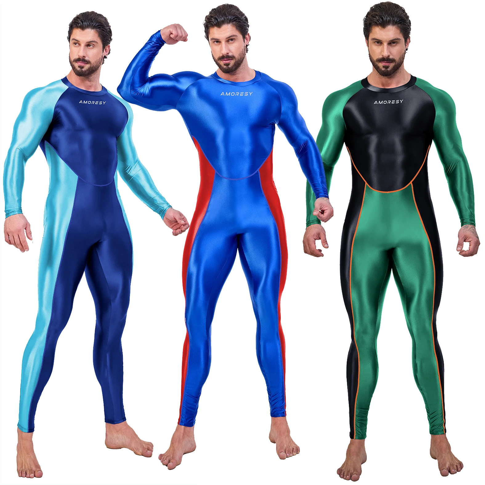 AMORESY Sexy Hot Men One Piece Skin Bodysuit Cosplay Catsuit Jumpsuits Stretch Bodystocking Spandex Zentai Suit