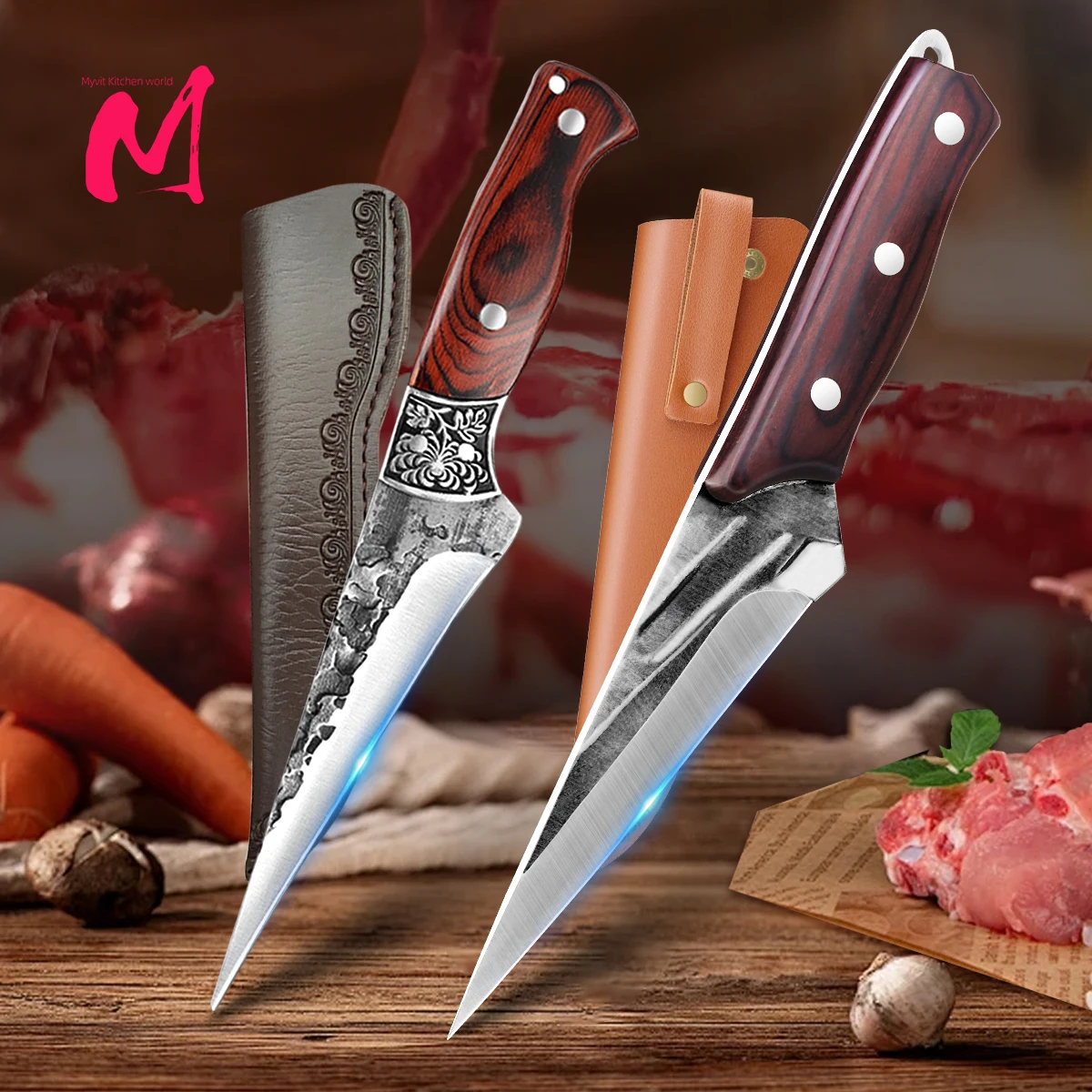 Handgeschmiedetes Hackmesser für die Küche, Kochmesser mit hohem Kohlenstoffgehalt, Serviermesser für Fleisch, Fisch, Obst und Gemüse, Messer mit Deckel