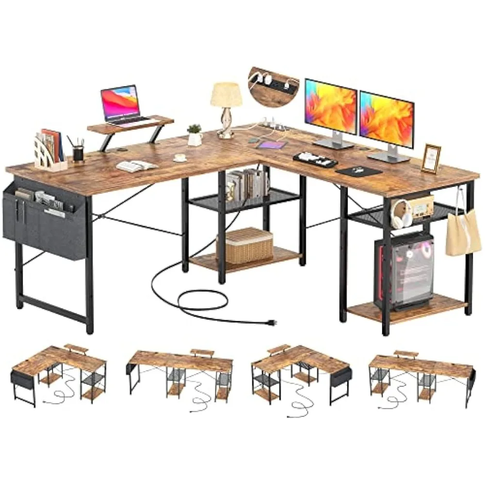 L Shaped Desk with Outlet and USB Charging Port, L-Shaped Desk with Storage Shelves Reversible Corner Computer Desk