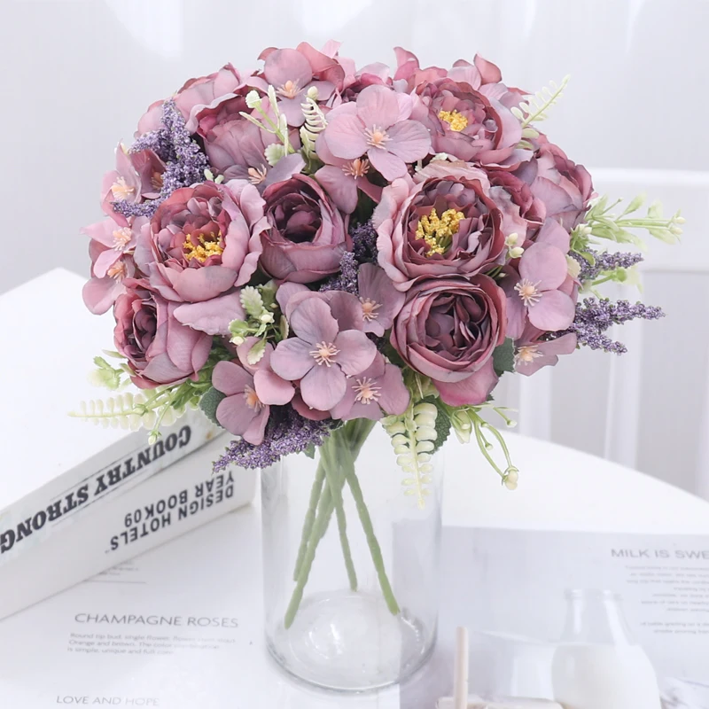 Artificial Flowers Silk Peony Hydrangea Wedding Party For Vase Home Decoration Table Accessories Christmas Garland Scrapbook