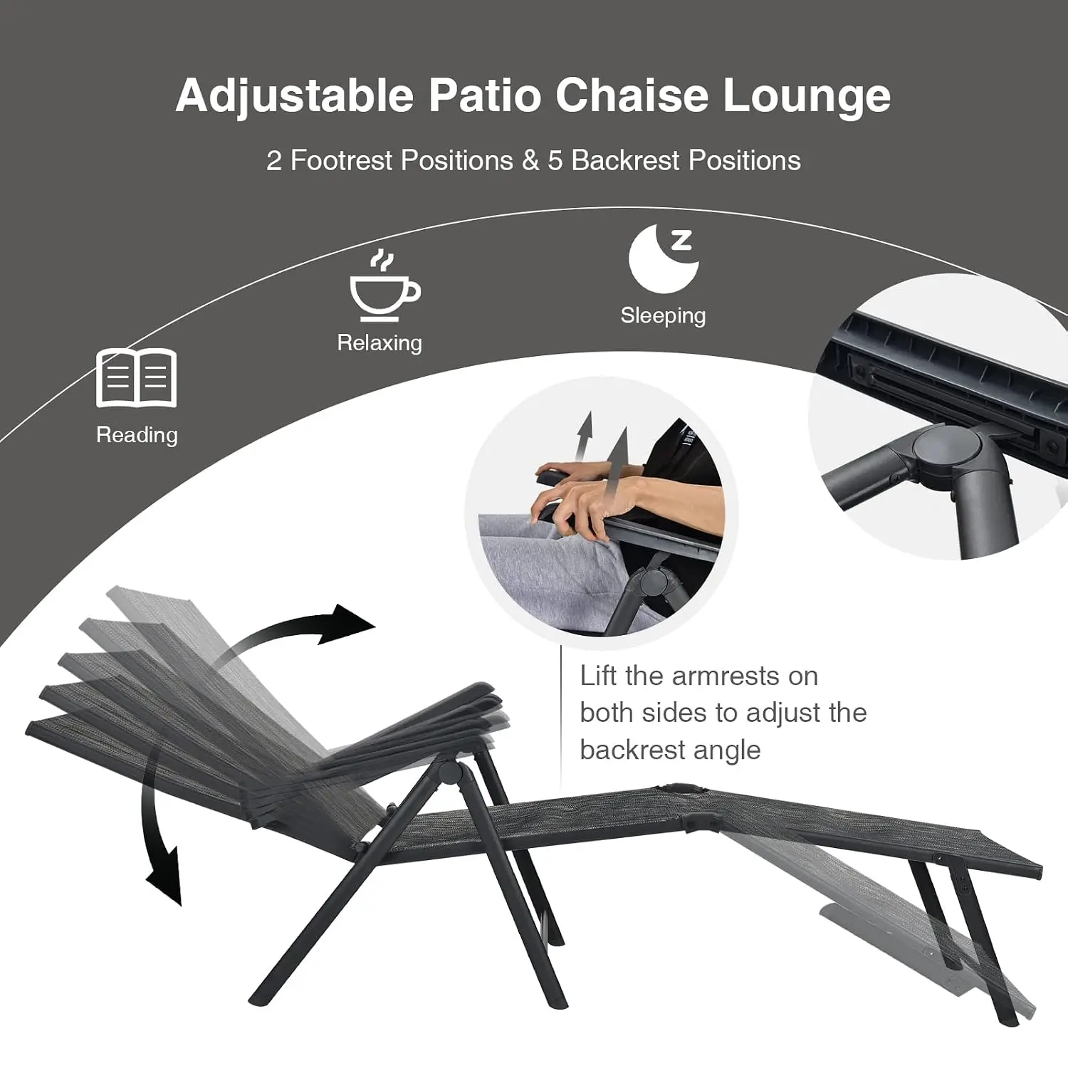 Foldable Patio Lounge Chair 2pc, 5-Position Backrest & Footrest, Portable Recliner for Yard Lawn Pool, Customized