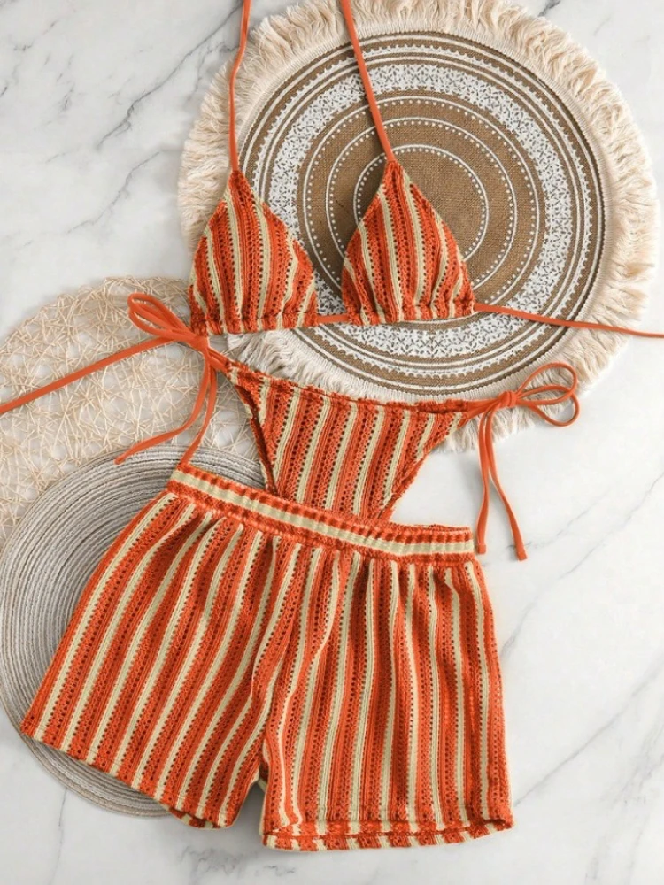 البوهيمي الكروشيه مجموعة البكيني 3 قطعة ملابس السباحة التستر الرباط عطلة الشاطئ الصيف النساء موضة 2025 جديد