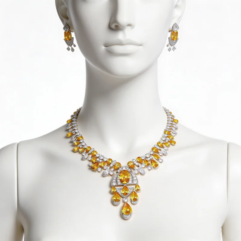 Vintage Gorgeous Style Dinner Party Jewelry Sets Women Lady Inlay Yellow Cubic Zircon Tassels Pendant Necklace Stud Earrings