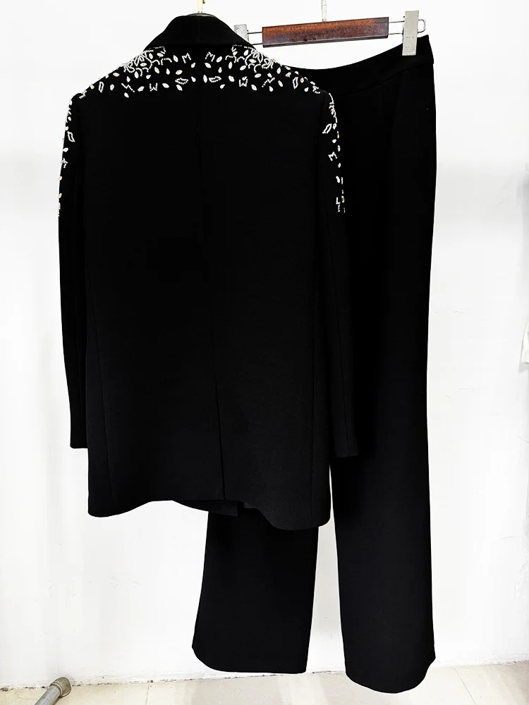 HIGH STREET-traje de diseñador para mujer, traje de diseñador con cuentas de diamantes, cuello tipo chal, chaqueta con doble botonadura, conjunto de pantalones, 2 piezas, novedad de 2025