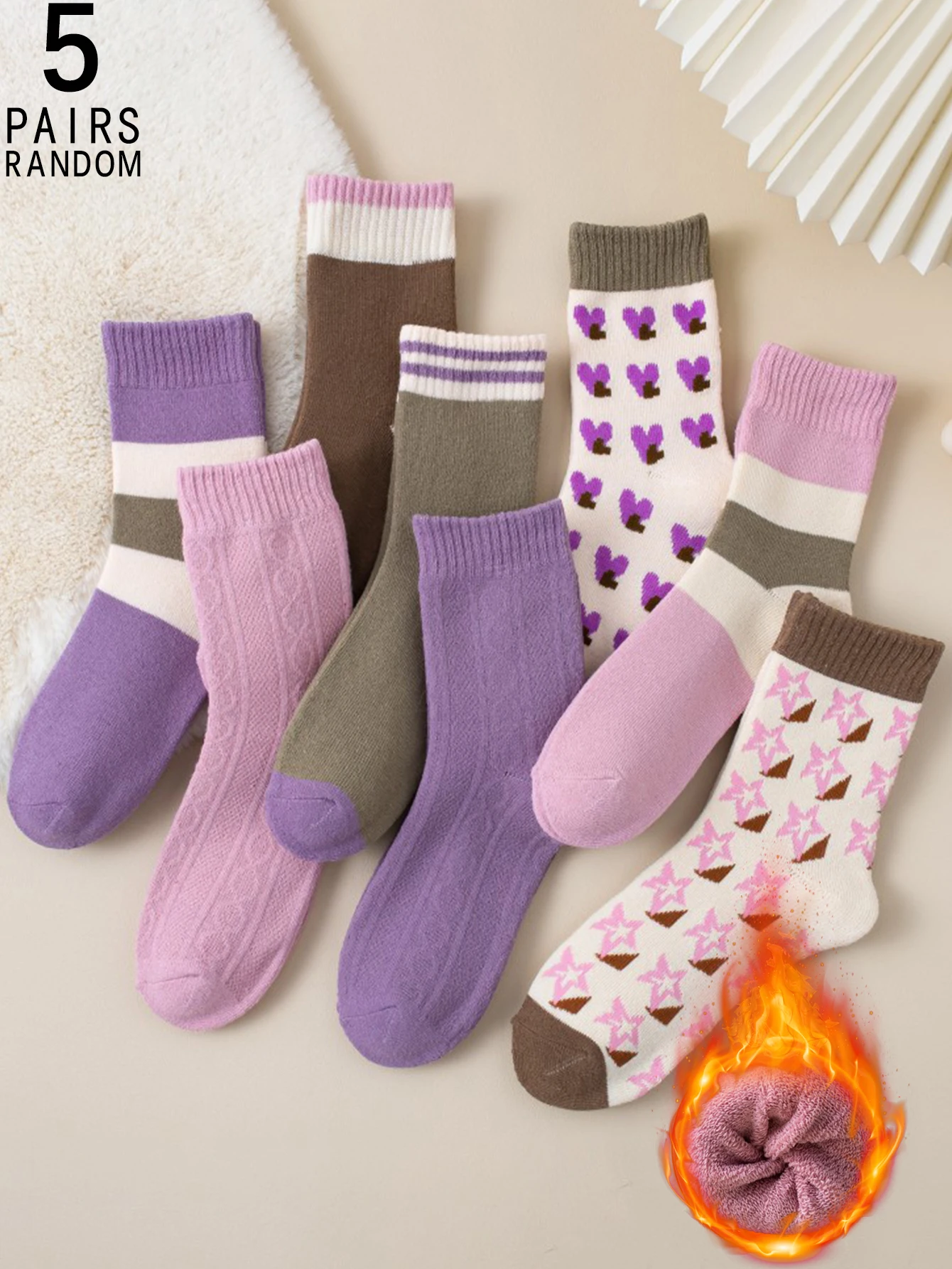 

5 пар женских махровых носков ярких цветов до середины икры